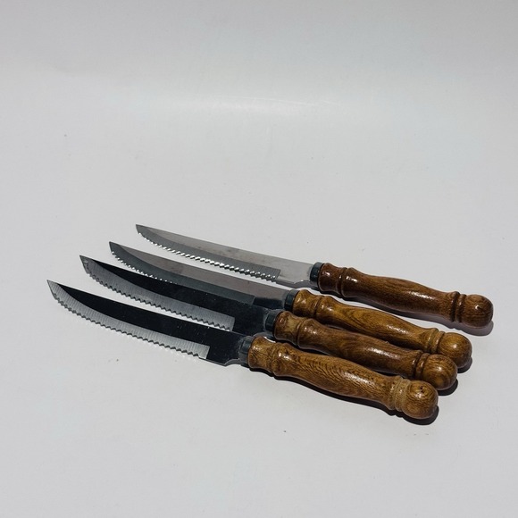 Vintage Steak Knives Set of 4 Wooden Handles 9" Country Farmhouse Rustic 70s MCM - Picture 2 of 7